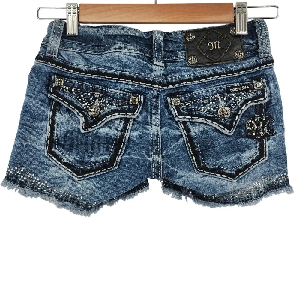 Miss Me Denim Shorts Womens 24 Rhinestone Studded Distressed Blue Festival